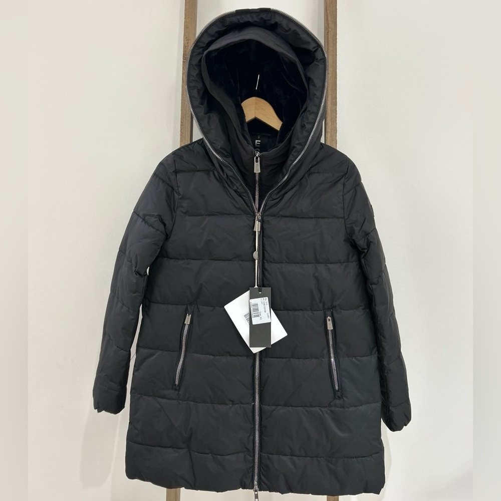 YES ZEE Black Hooded Down Puffer Coat Removable Inner Vest Women’s Size XS NWT